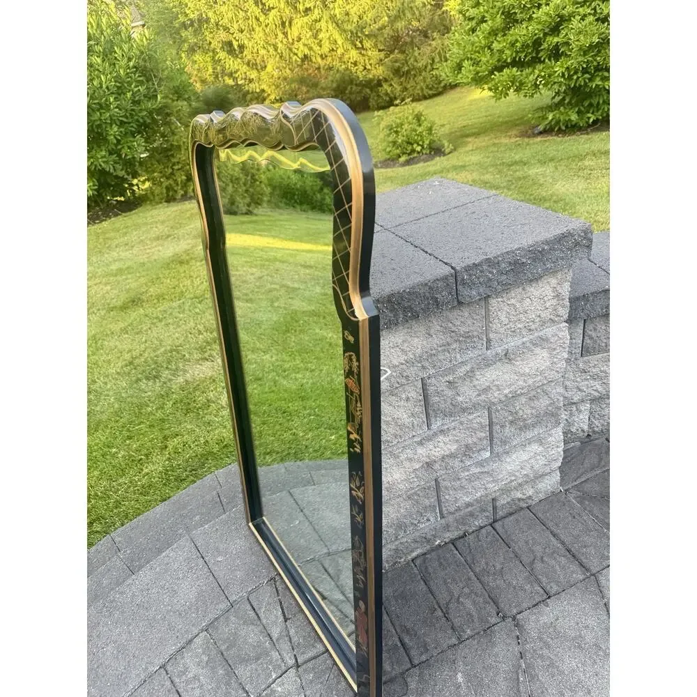 Chinoiserie Black Lacquer Mirror Gold Asian Pagoda Beveled Wall Mirror 43x25”